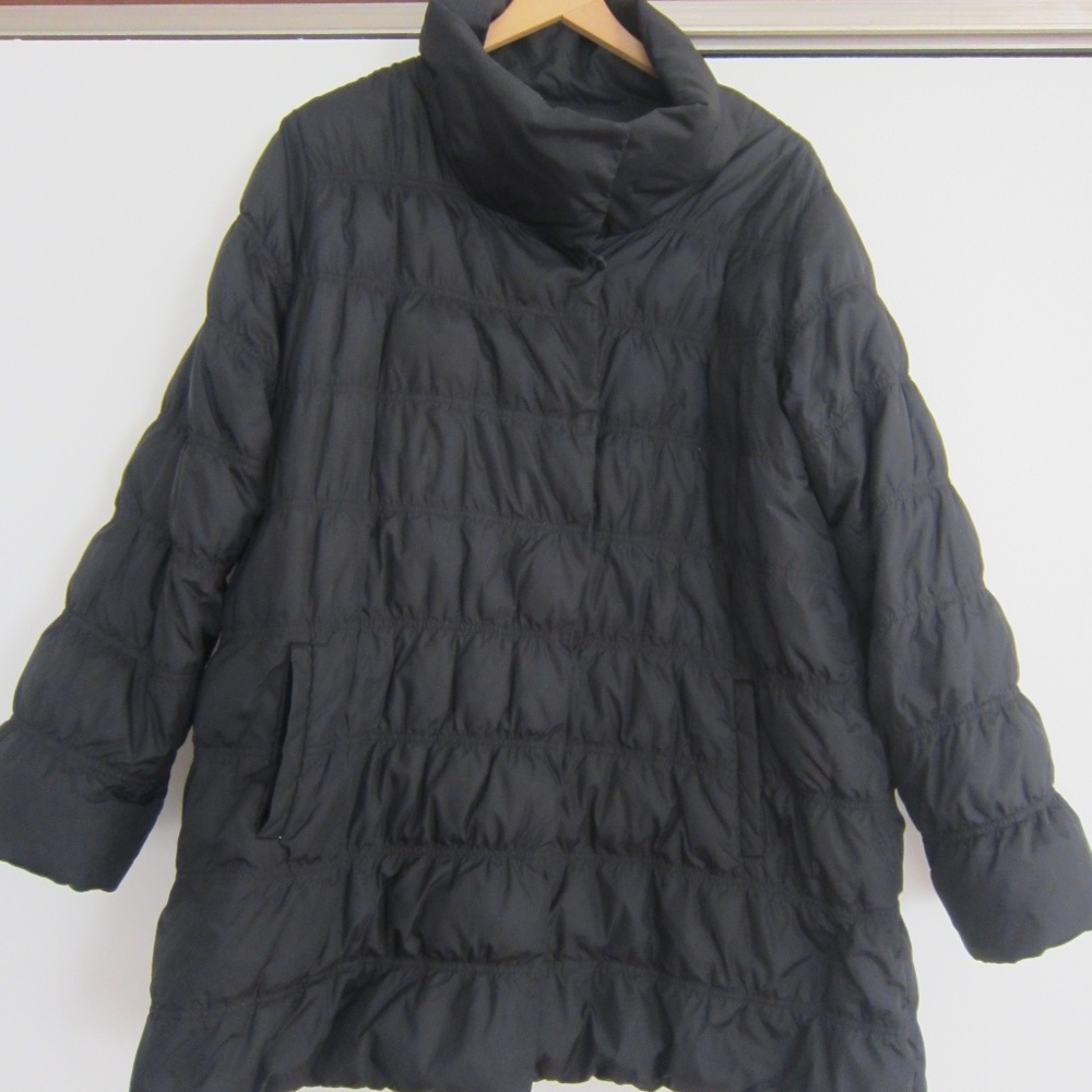 Eileen Fisher Black Plus 2X Puffer Coat Snap Front Stand-up Collar